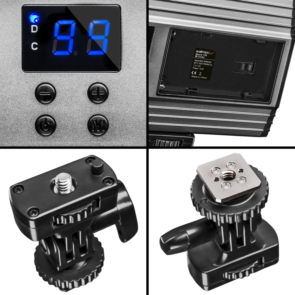 LED Niova 150 Bi Color Luce fotografica per video con batteria inclusa, lampada on-camera 15 W, temperatura colore regolabile 3200-566 K, dimmerabile