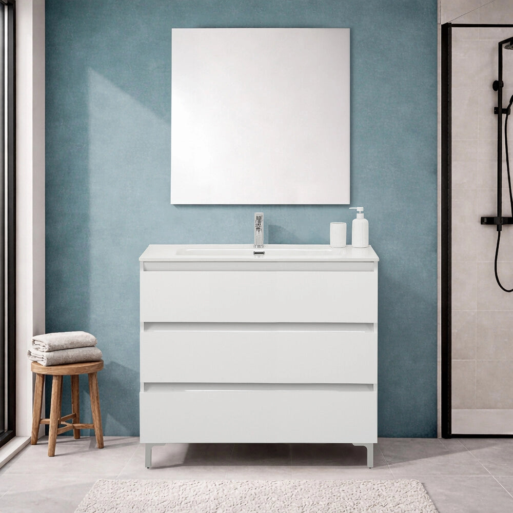 Mobile bagno a terra 100 cm in bianco lucido con lavabo e specchio Leda