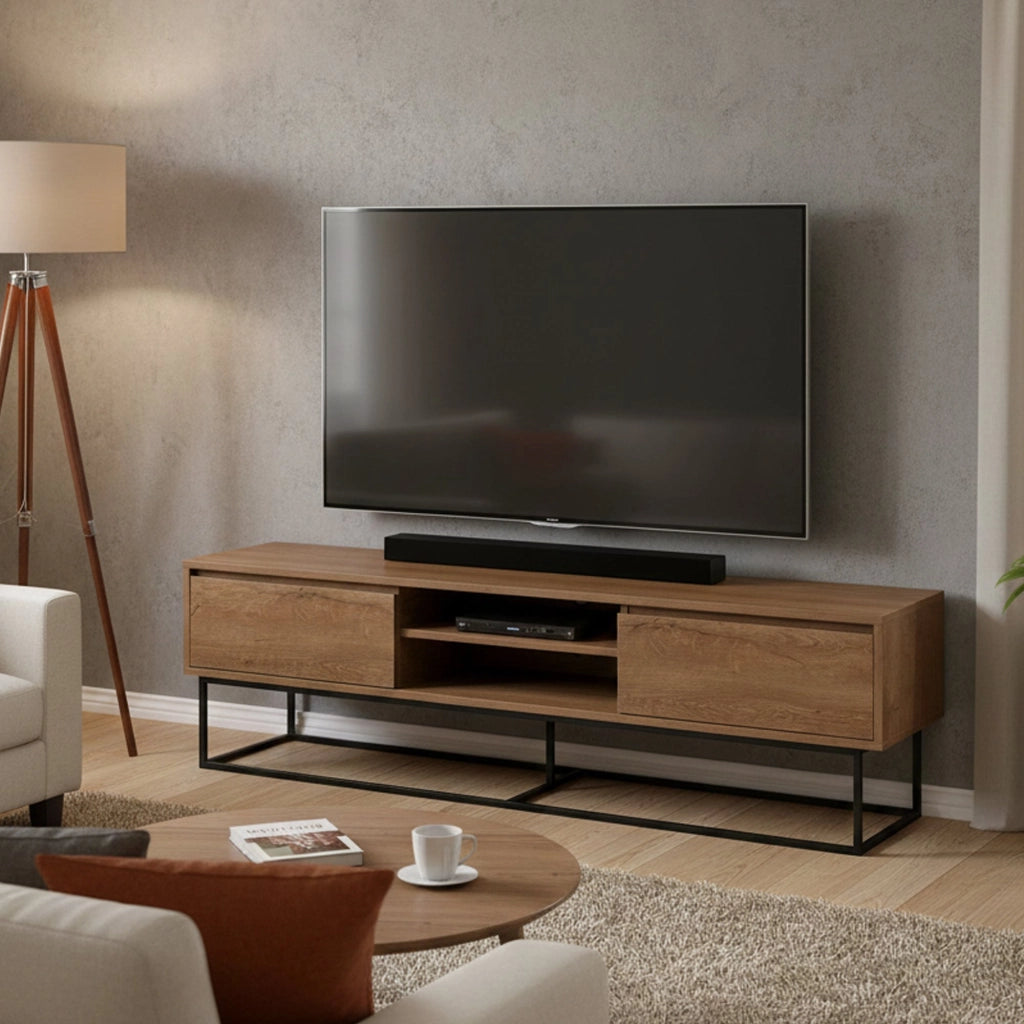Mobile porta TV Corinna, Credenza da soggiorno, Armadio basso per TV, Base parete attrezzata, 180x40h50 cm, Noce e Nero
