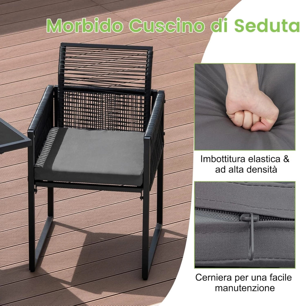 Set di 3 Pezzi Pranzo da Giardino, Set di Tavolo e Sedie da Esterno in Rattan PE con Schienali Pieghevoli, Tavolo in Vetro Temperato, per Balcone Giardino