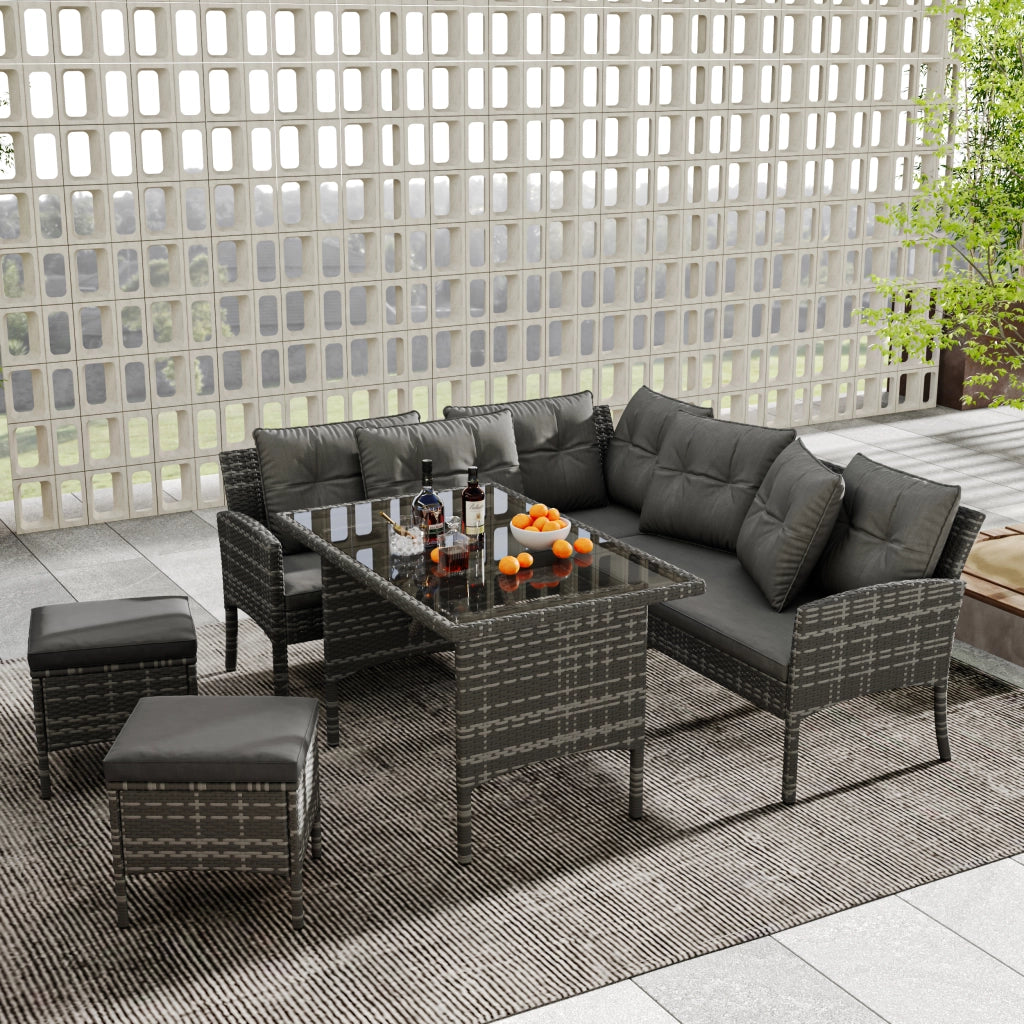 Set salotto polyrattan 7 persone: Divanooo + tavolo + sgabello + cuscini; tessuto sfoderabile lavabile; grigio