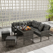 Set salotto polyrattan 7 persone: Divanooo + tavolo + sgabello + cuscini; tessuto sfoderabile lavabile; grigio