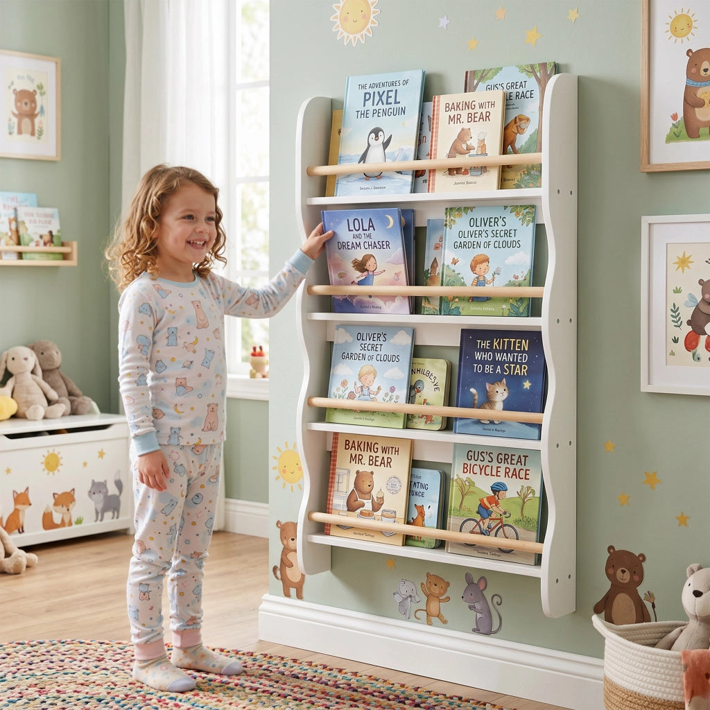 Bibliothèque murale pour enfant,Rangement Livre 4 Niveaux, Blanc