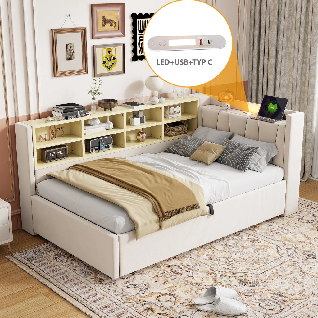 Letto imbottito con funzione divano letto in velluto beige 90x200 cm
