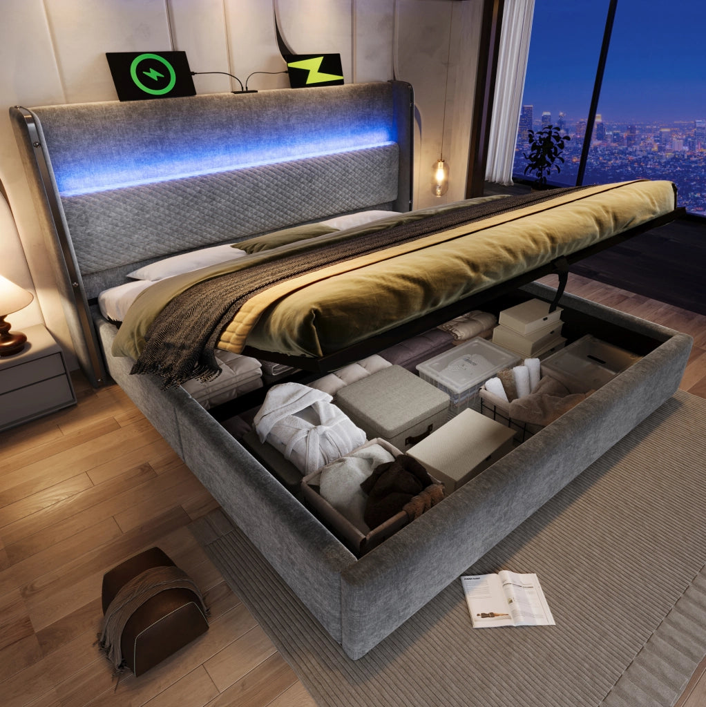 Letto idraulico 140x200 cm grigio con LED, USB-C, vano contenitore e materasso H3