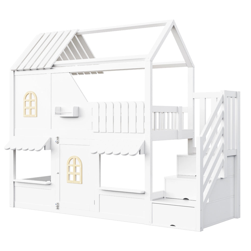 Letto a castello per bambini 90x200 cm in legno; design a casetta; bianco