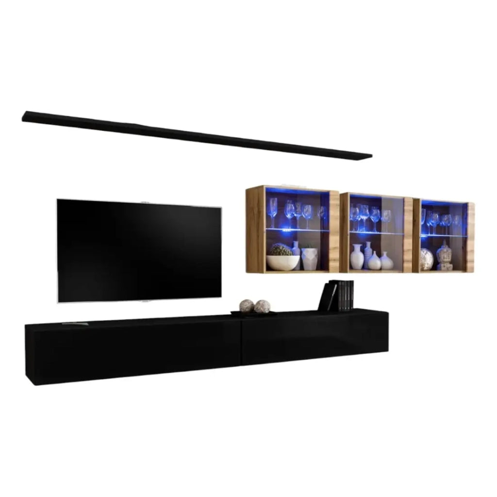 Mobile da soggiorno da parete SWITCH XVII design, colore nero lucido e quercia Wotan.