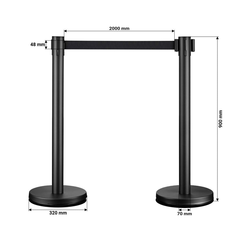 Colonnine tendinastro 320 x 70 x 900 mm, Set 2 paletti delimitatori in acciaio con nastro nero