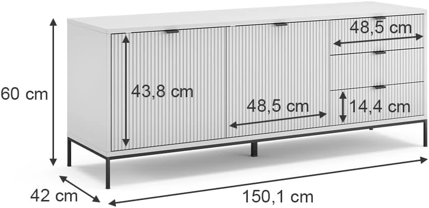 Lavagna Eliza, Bianco, 150 x 60 cm con 3 cassetti, 2 ante, utilizzabile come supporto TV e per la conservazione