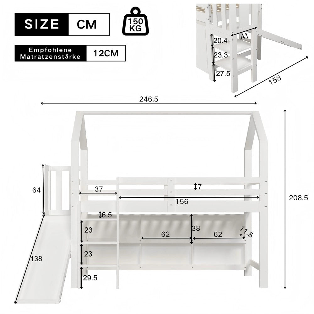 Letto Bambini con Scivolo, Scala e Libreria ¨C Xylo ¨C Legno Massello, Bianco, 90x200