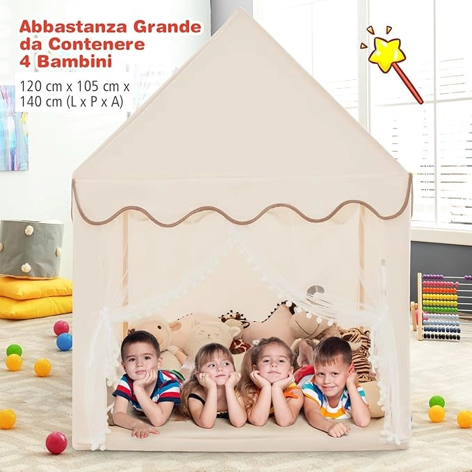 Tenda da Gioco per Bambini, Casetta per Bambini con Struttura in Solido Legno, Tappetino di Cotone, Tenda a Rete e Finestre, 105x120x140 cm (Beige)