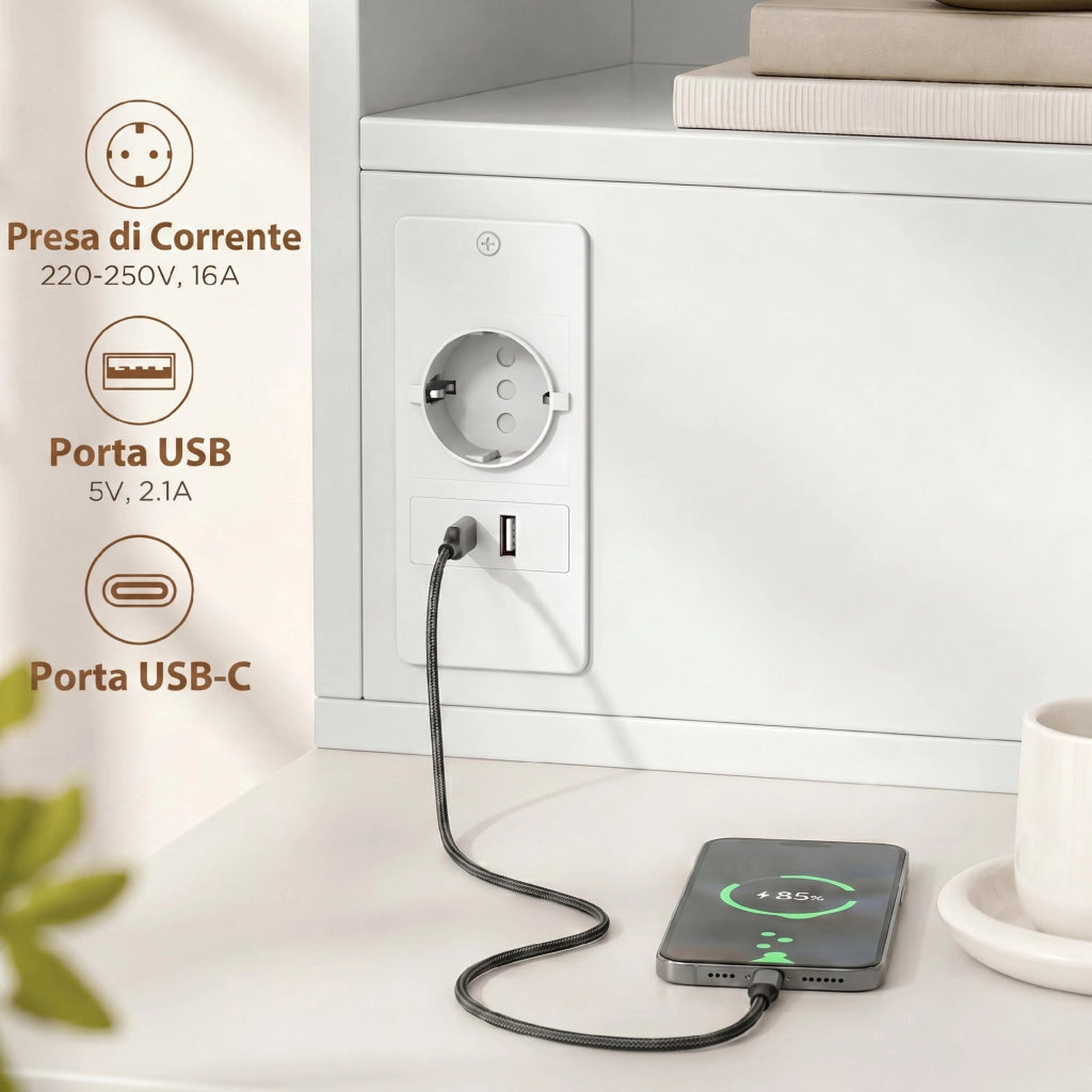 Set di 2 Comodini Sospesi Camera da Letto con Ricarica USB e Type-C, 40x35x30 cm, Bianco