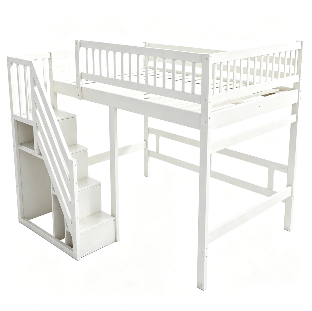Letto in legno 140x200 con scala contenitore e sponde alte