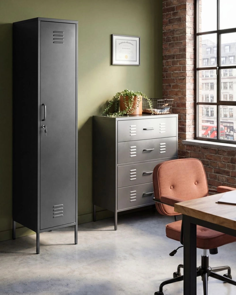 Armadietto mobile contenitore Armadietto In Metallo Nero Con 5 Ripiani E Binario Moderno Home Office