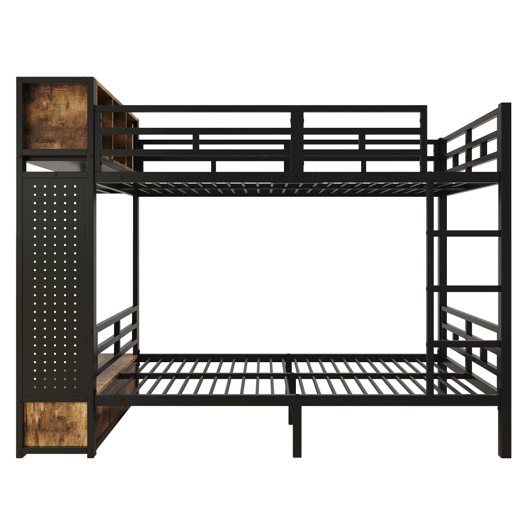 Letto a castello 120x200 cm con modulo contenitore in metallo e legno nero e noce scuro
