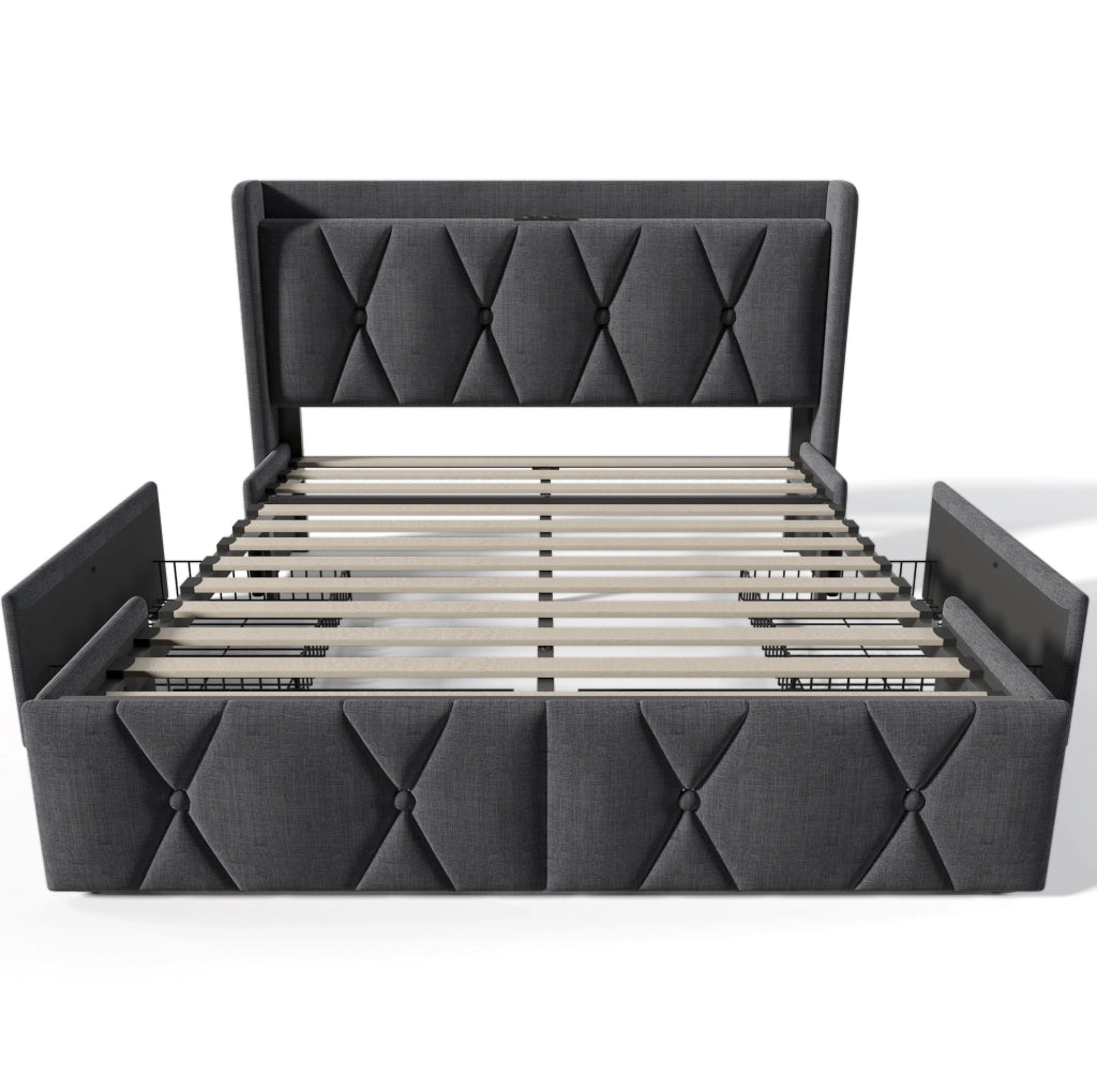 Letto contenitore 160x200 cm con USB; 4 cassetti; lino grigio