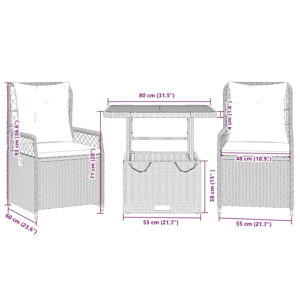 Set da Pranzo da Giardino 3 pz con Cuscini in Polyrattan Grigio 3262913