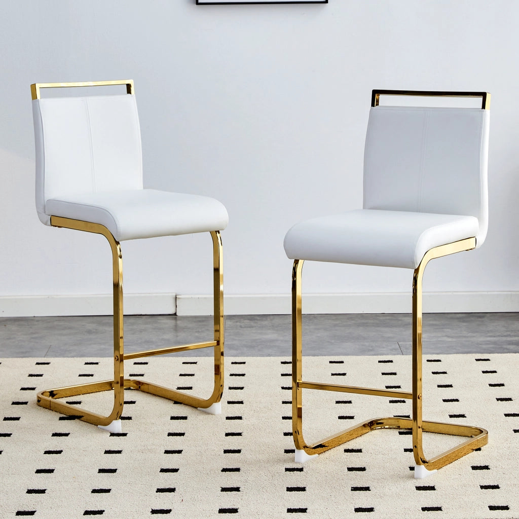 Sgabello da bar set da 2 con schienale e poggiapiedi per cucina e ristorante moderno in pelle PU e metallo, bianco e oro