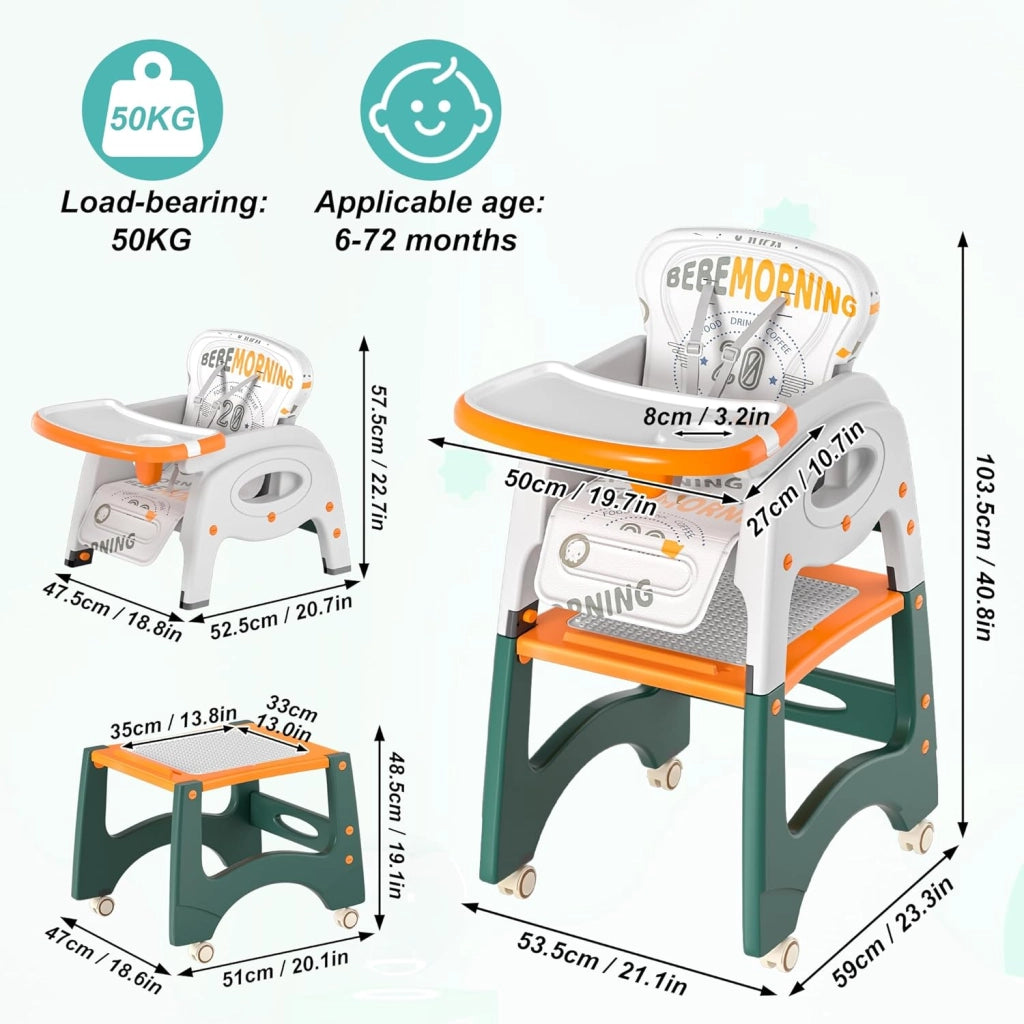 Seggiolone per bambini 6 in 1, sedia da tavolo, schienale regolabile e cintura di sicurezza a 5 punti, seggiolone per bambini a partire dai 6 mesi in su