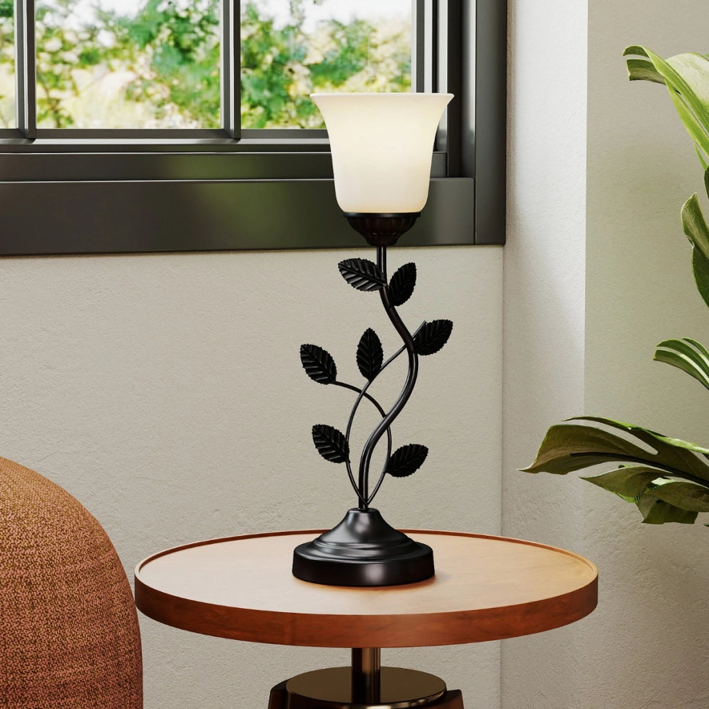 Lampada da tavolo vintage con paralume vetro tulipano e foglie metallo, Lampada da tavolo retr¨° e27 con interruttore Nero-Lampade