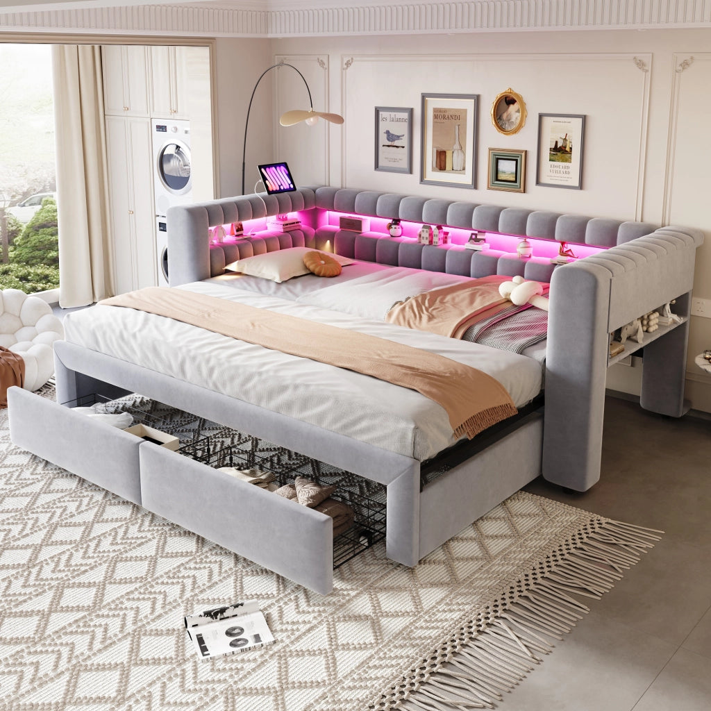Divano letto con letto estraibile e cassetti, 90/180x190 cm, grigio chiaro