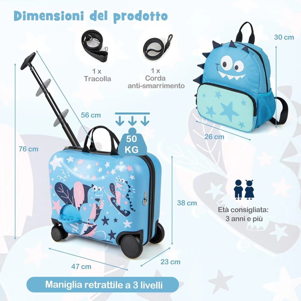 Valigia Cavalcabile per Bambini, 18" Valigia+ 12" Zaino,2 Pezzi, Trolley Bambini Bagaglio a Mano con Ruote Girevoli e Maniglia Retrattile, 2 Cingie Multiuso (Modello 8)