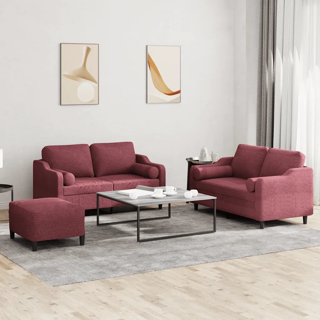 Set di Divani 3 pz con Cuscini Rosso Vino in Tessuto