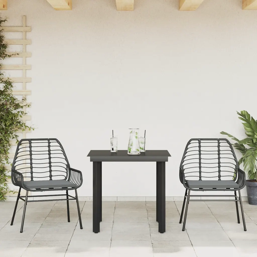 Set da Pranzo da Giardino 3 pz con Cuscini Polyrattan Vetro