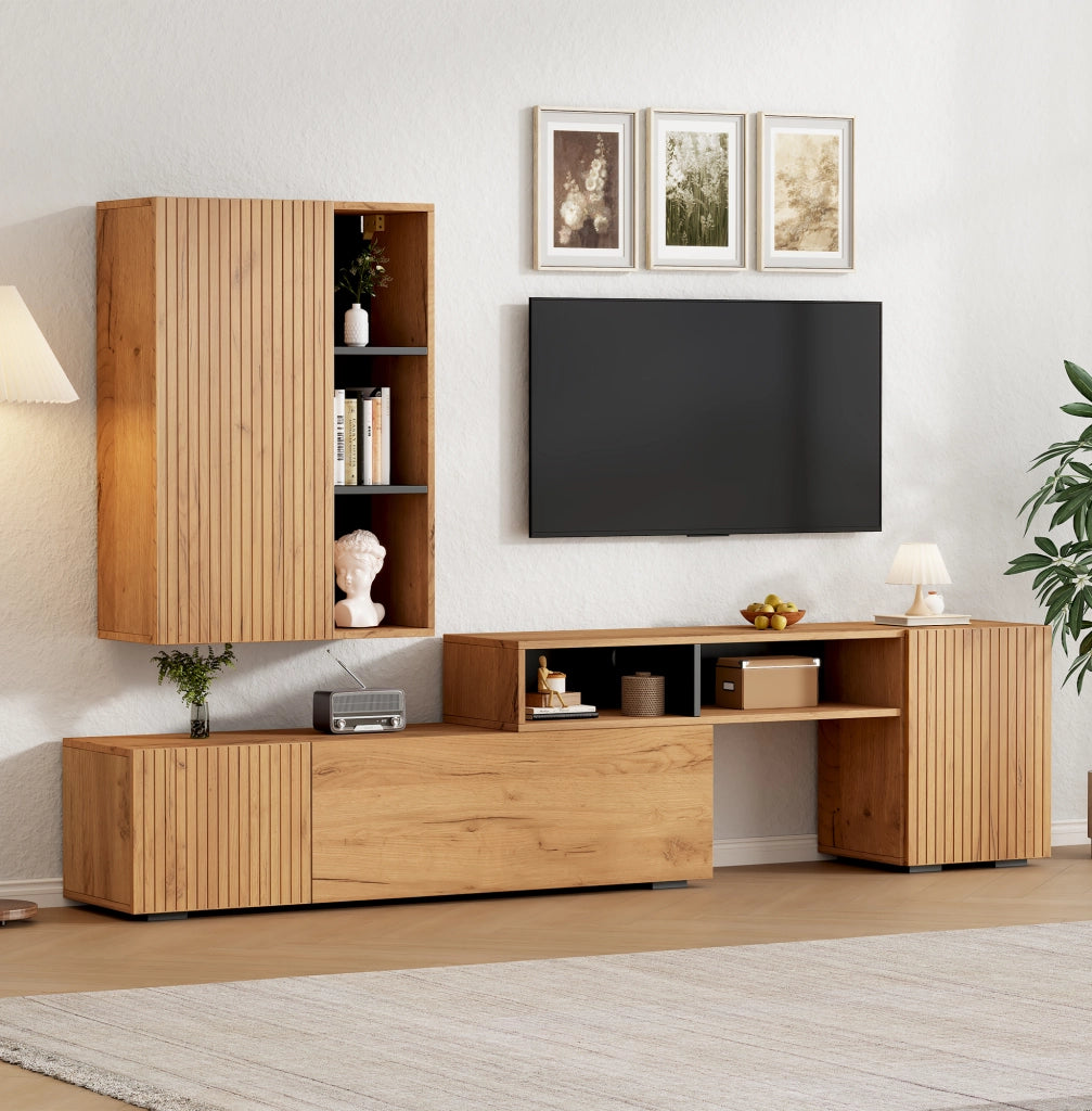 Mobile porta TV con pensile 4 ante e 2 vani aperti lunghezza regolabile finitura rovere e nero per soggiorno