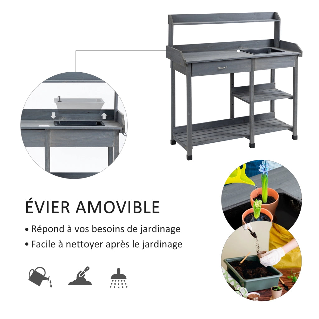 Tavolo da giardinaggio con cassetto, ripiani e lavello ¨C zephmum ¨C legno di abete grigio