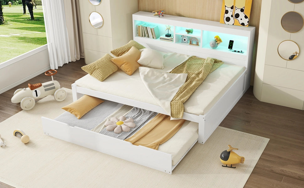 DESMIU Litto a banquette 140 × 200 cm con luce LED, vano laterale, letto estraibile, USB, senza materasso, bianco