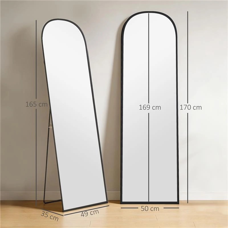 SPECCHIO DA TERRA E PARETE MODERNO IN LEGA DI ALLUMINIO CON SUPPORTO PIEGHEVOLE, 50X170 CM, NERO