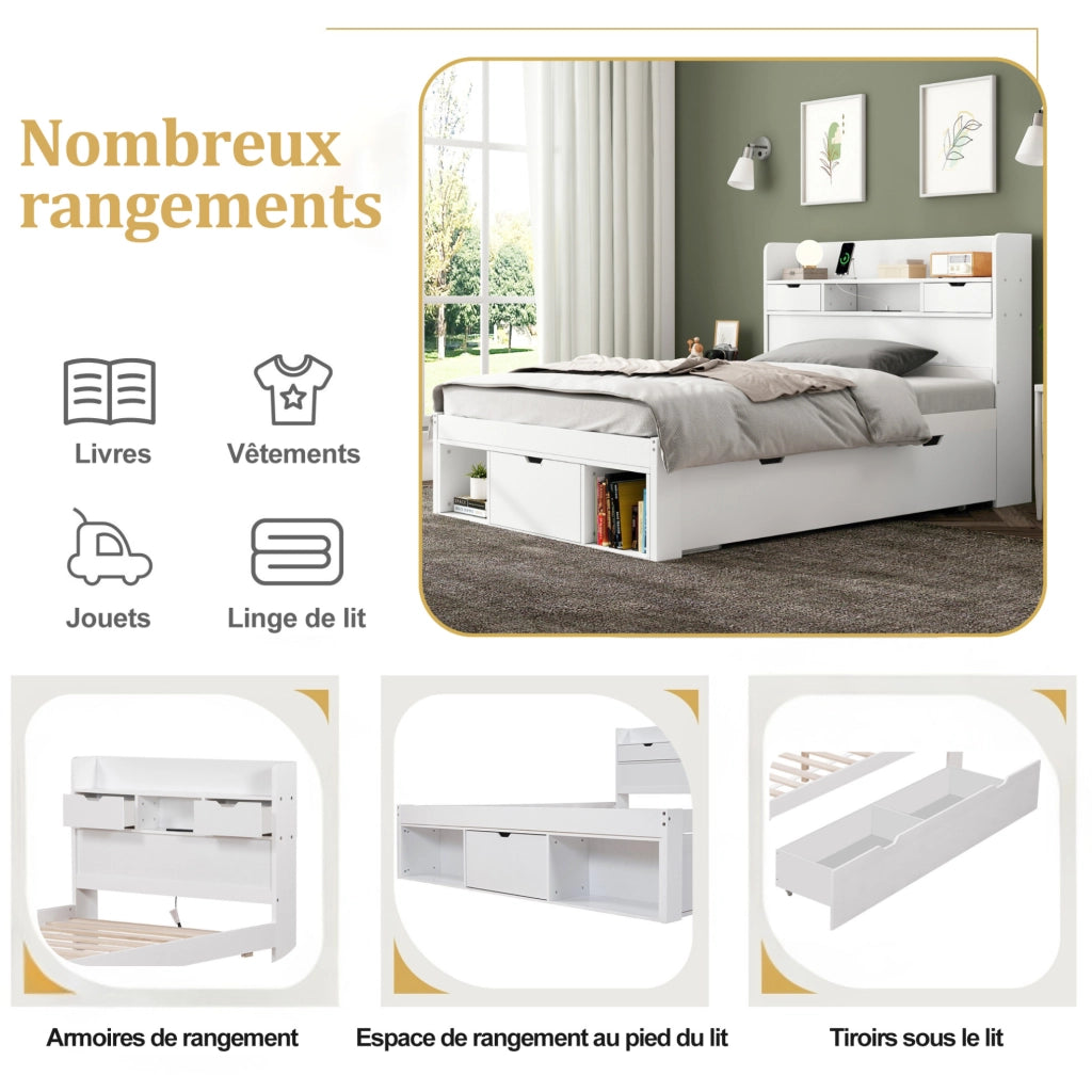 Letto singolo multifunzione 90x190 cm con porta USB e prese; bianco in MDF