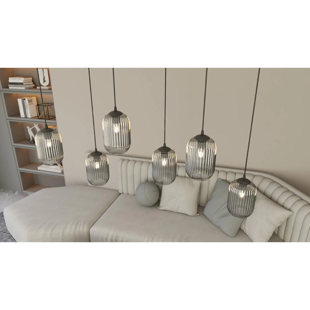 Lampadario 6 Luci Selene In Acciaio Nero E Vetri Plissettati Fumè