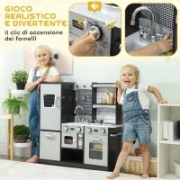 Cucina Giocattolo per Bambini 3-8 Anni in Legno con Accessori, Frigo, Lavandino e Manopole con Suoni, Marrone