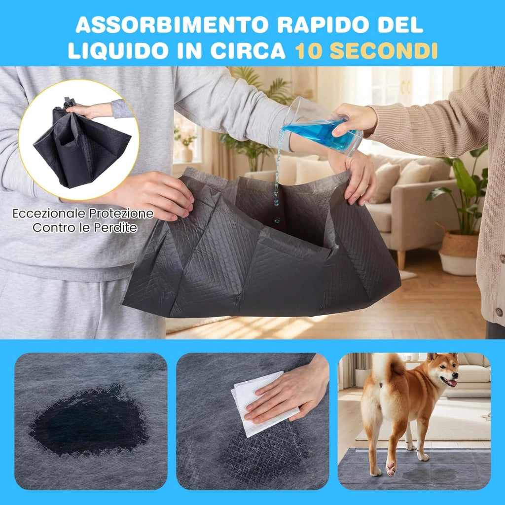 Tappetini Igienici per Cani al Carbone Attivo, 6 Strati Impermeabili per Addestramento Pipì Cani e Conigli, Rapido Asciugatura, Usa e Getta per Interni ed Esterni, 60x60cm