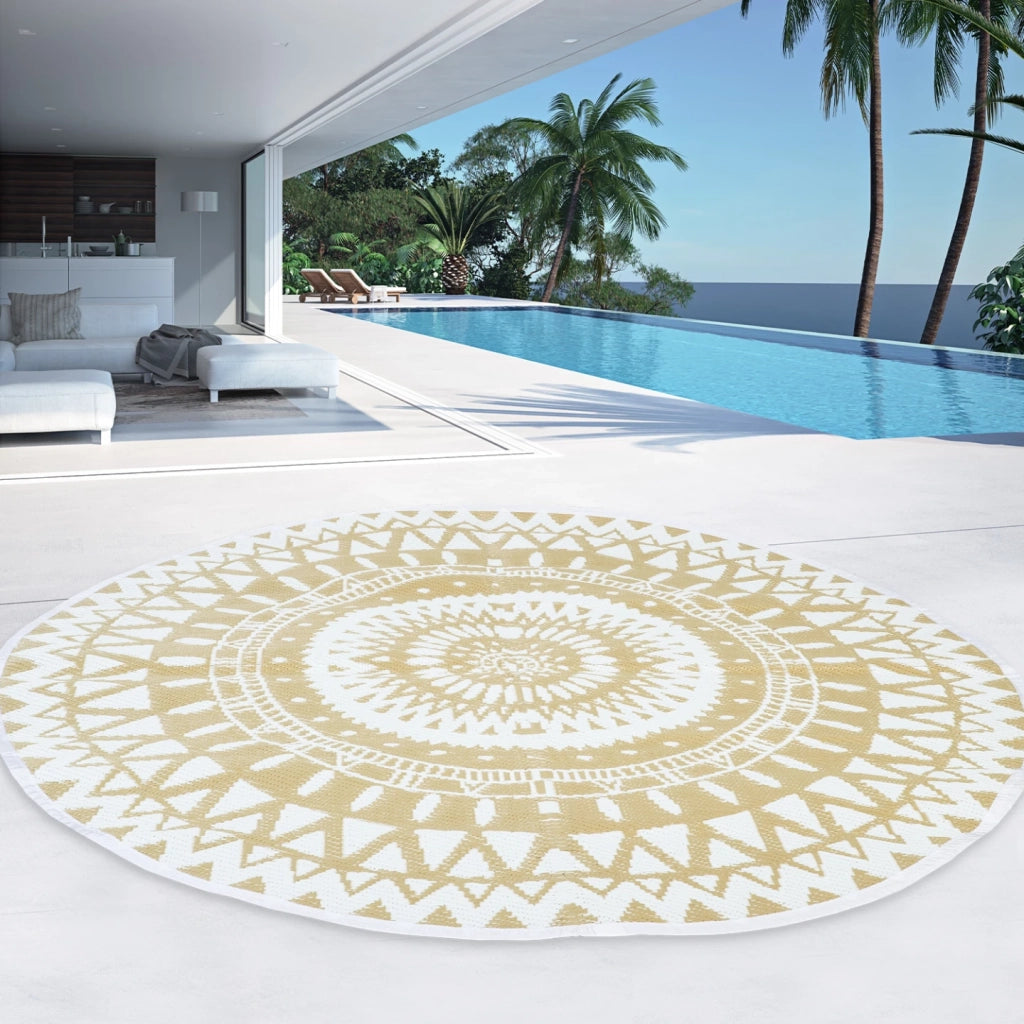 IDMarket - Tappeto per esterni ROUND naturale e bianco D.150 CM