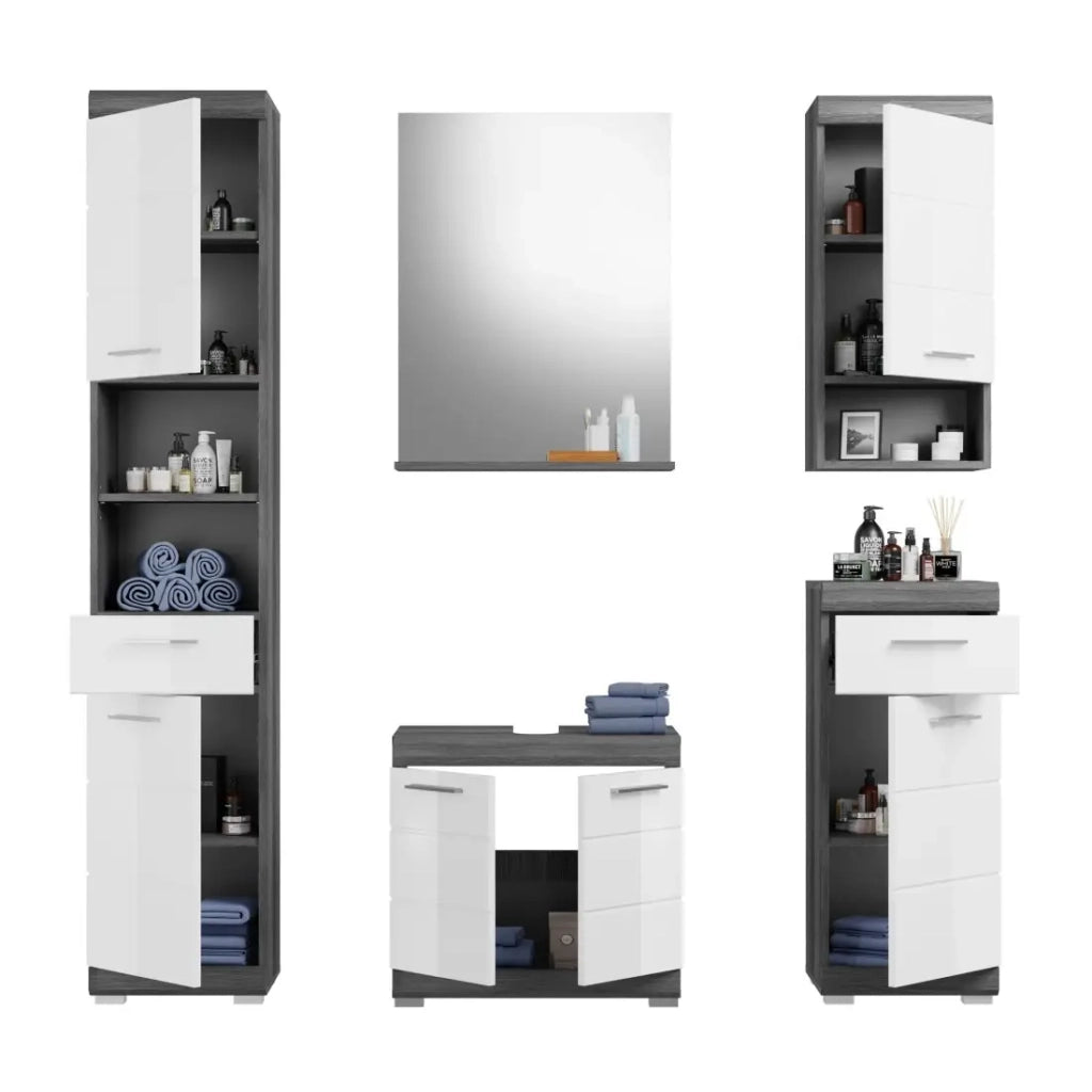Set bagno SCOTT – Mobile sottolavabo, specchio, colonna e 2 mezze colonne – Grigio scuro e bianco