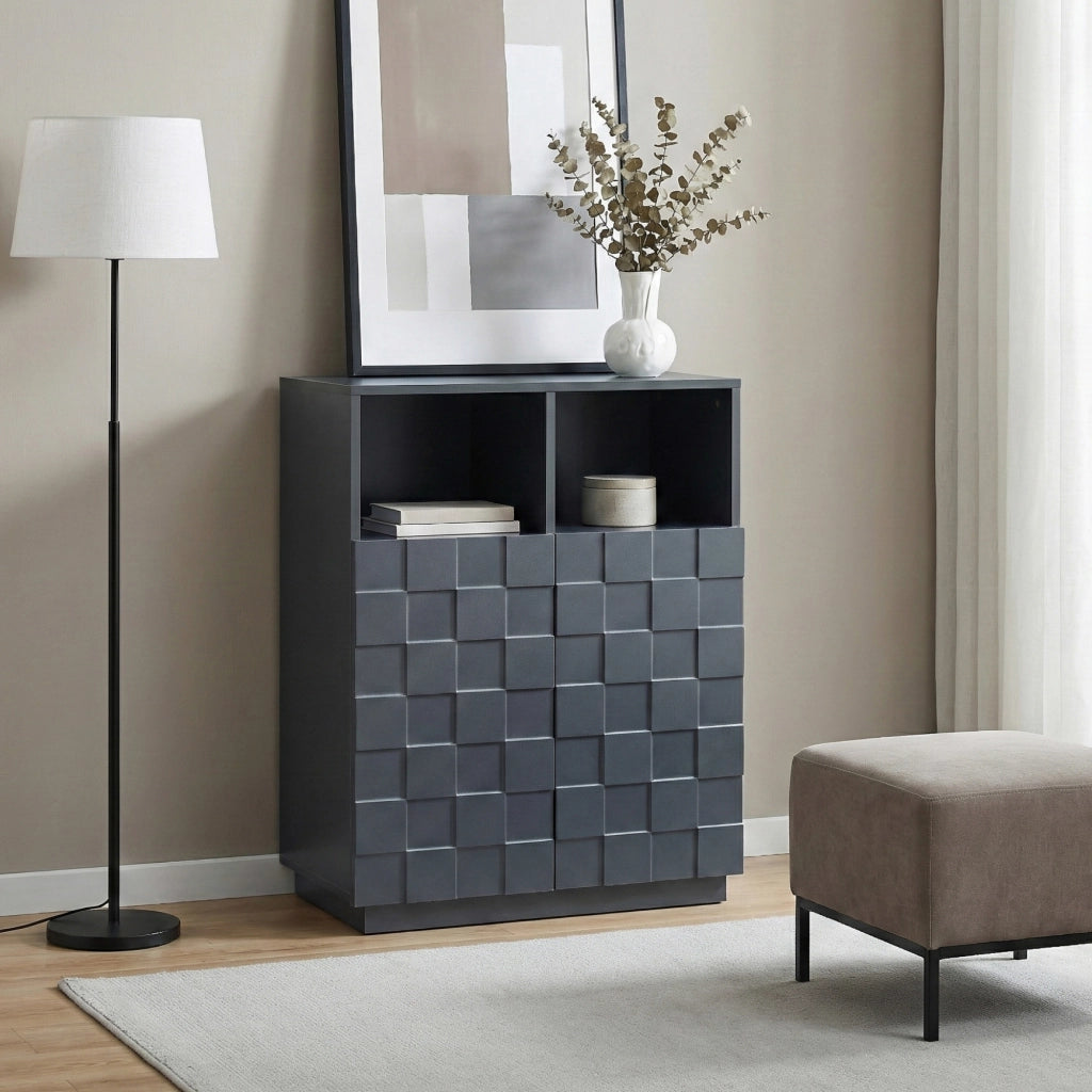 Armadio Comò Alto Bopibobro a 2 Ante Credenza con 2 Ripiani Aperti e 4 Vani Chiusi 86 x 64 x 36 cm - Grigio Scuro [en.casa]