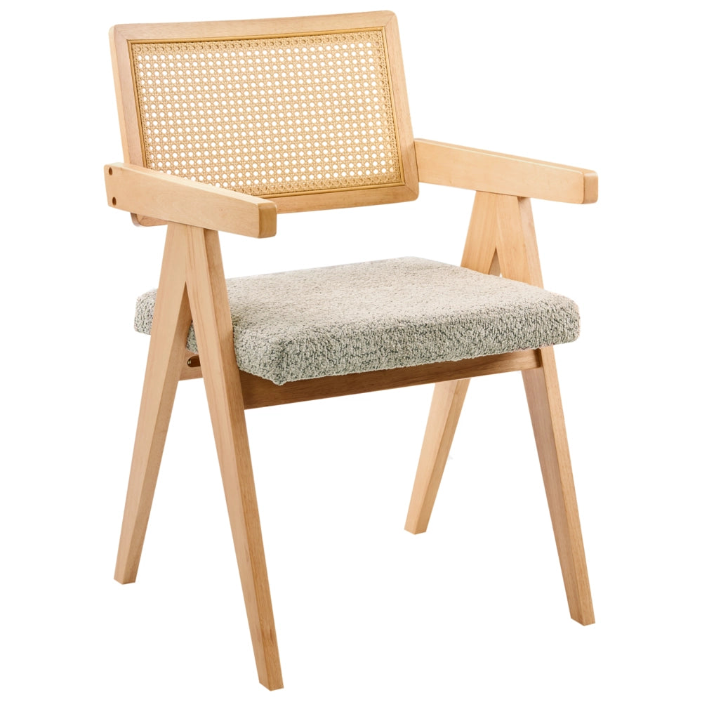 Set di 2 sedie da pranzo marrone chiaro e tortora con rivestimento bouclé e struttura in legno di gomma per sala da pranzo e cucina in stile retrò