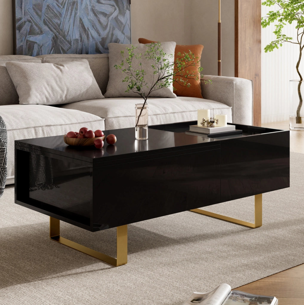 Tavolino da caffè 100x50x54.5 cm sollevabile con cassetto e vano contenitore in MDF nero