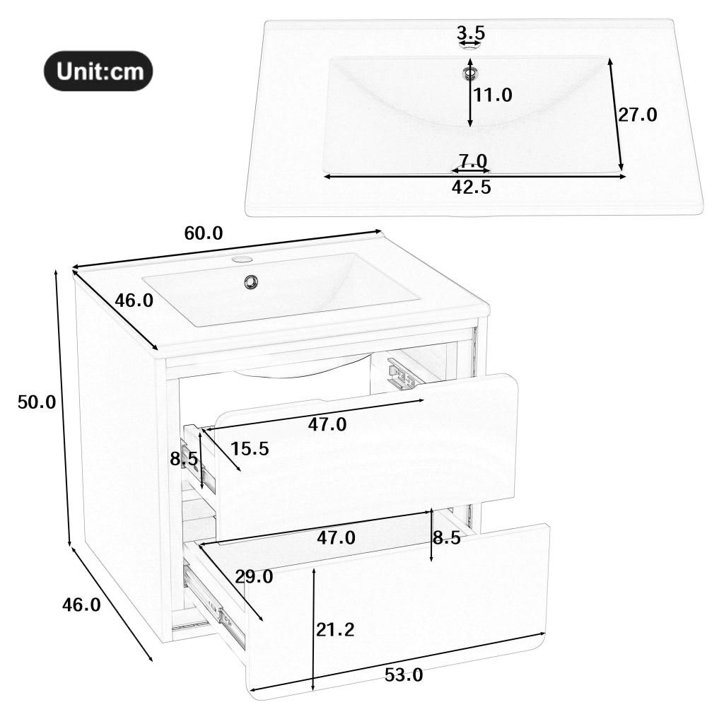 Mobile sottolavabo da bagno con lavabo in ceramica, 2 cassetti, LED con sensore radar, per bagno, bianco 60 × 46 × 50 cm