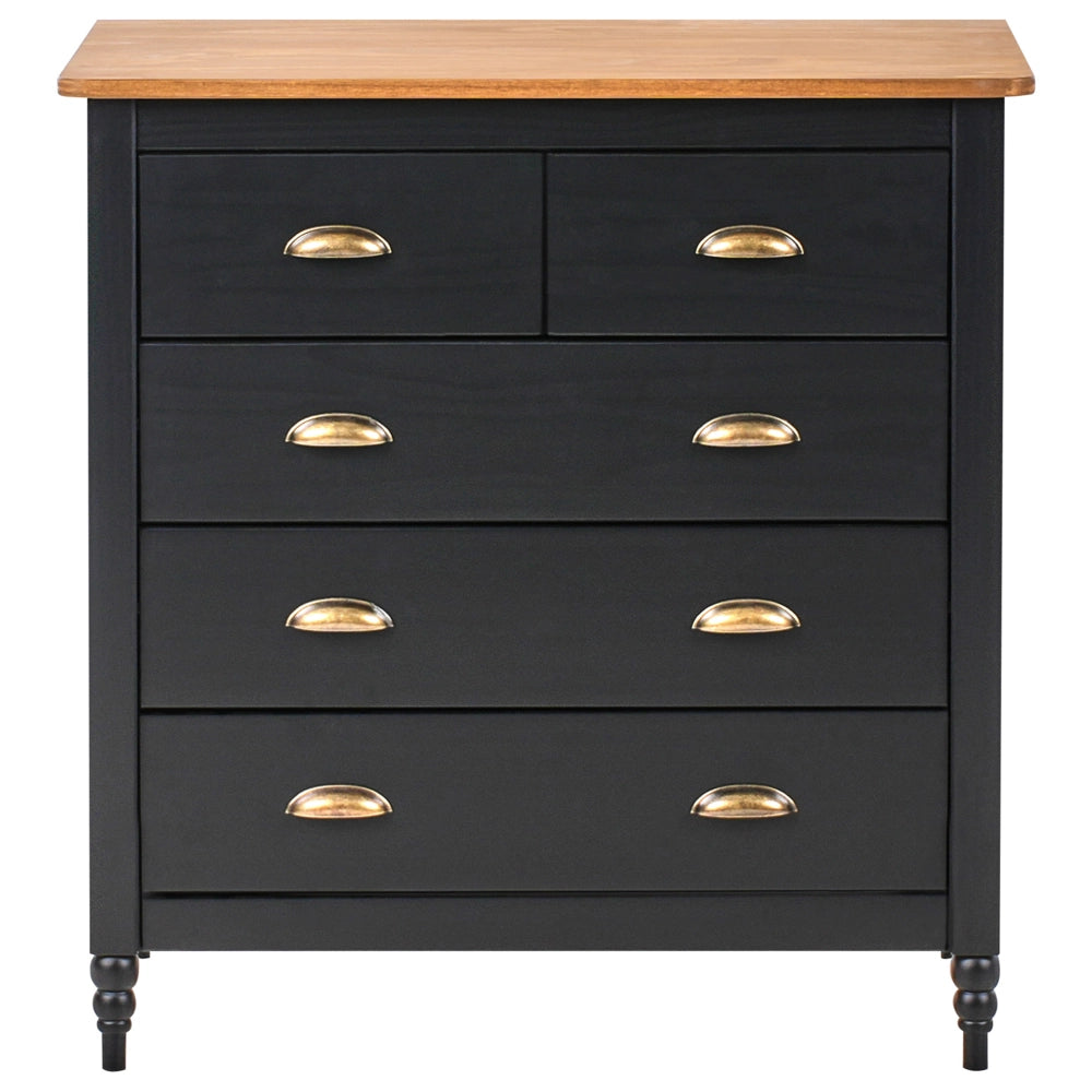 Credenza nera a 5 cassetti con ripiano in legno in stile scandinavo