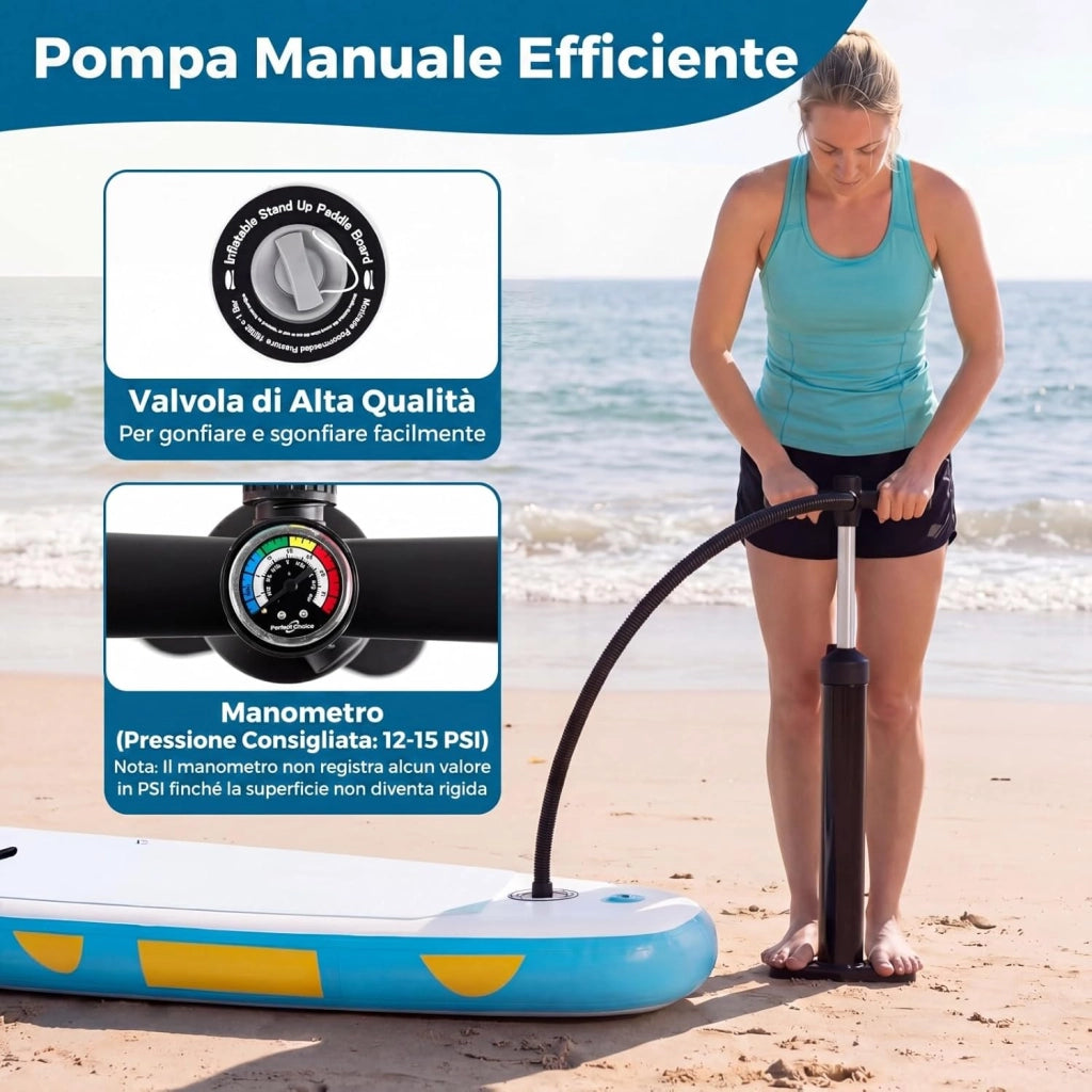 SUP Stand up Paddle, Tavola SUP Gonfiabile con Pompa, Pagaia in Alluminio, Guinzaglio, Borsa e Kit di Riparazione, per Principianti ed Esperti, Portata 160 kg, 336 x 77 x 16 cm