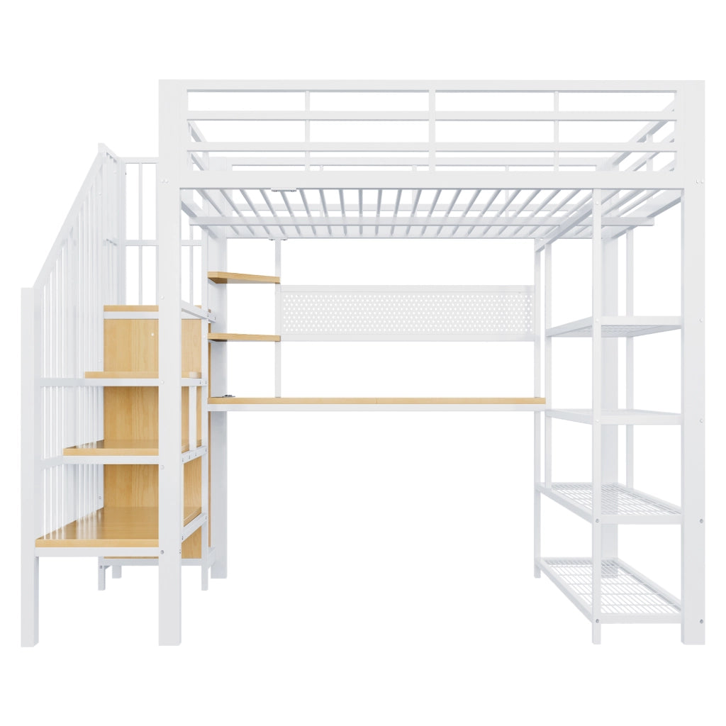 Letto a soppalco multifunzione in metallo e legno, 140¡Á200 cm, bianco, con scala contenitore, LED e prese EU