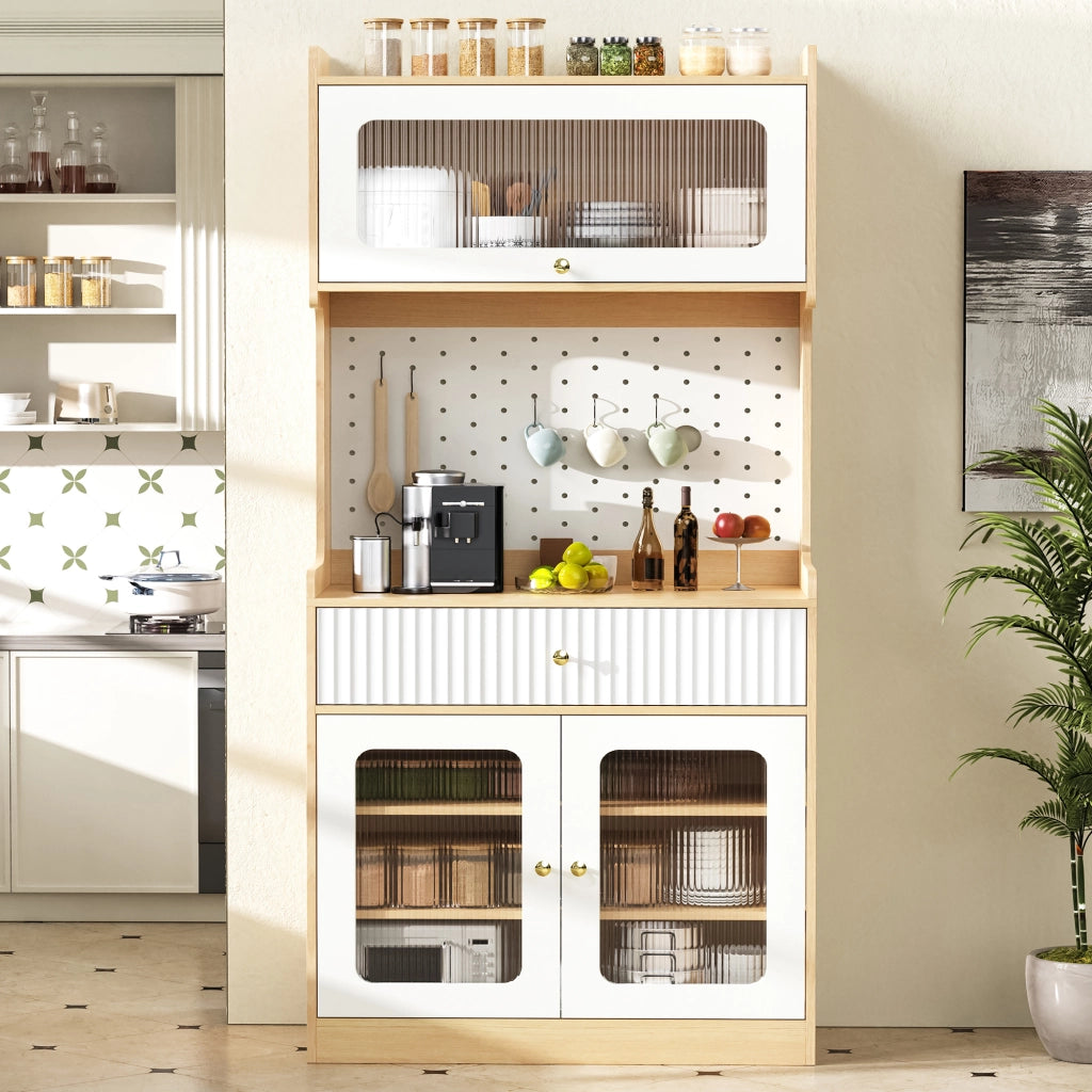 Credenza alta con LED, 1 cassetto, ripiani regolabili e anta a ribalta, per cucina e soggiorno, 80 × 40 × 180 cm