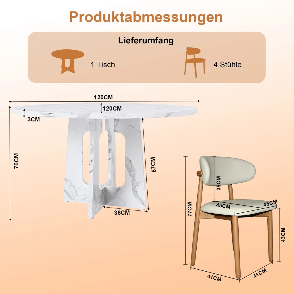 Tavolo da pranzo rotondo con 4 sedie per 4-6 persone piano in MDF effetto marmo bianco per sala da pranzo e soggiorno