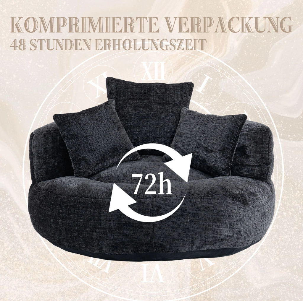 Poltrona sacco relax in ciniglia nera 108x108x52 cm con schienale alto e braccioli