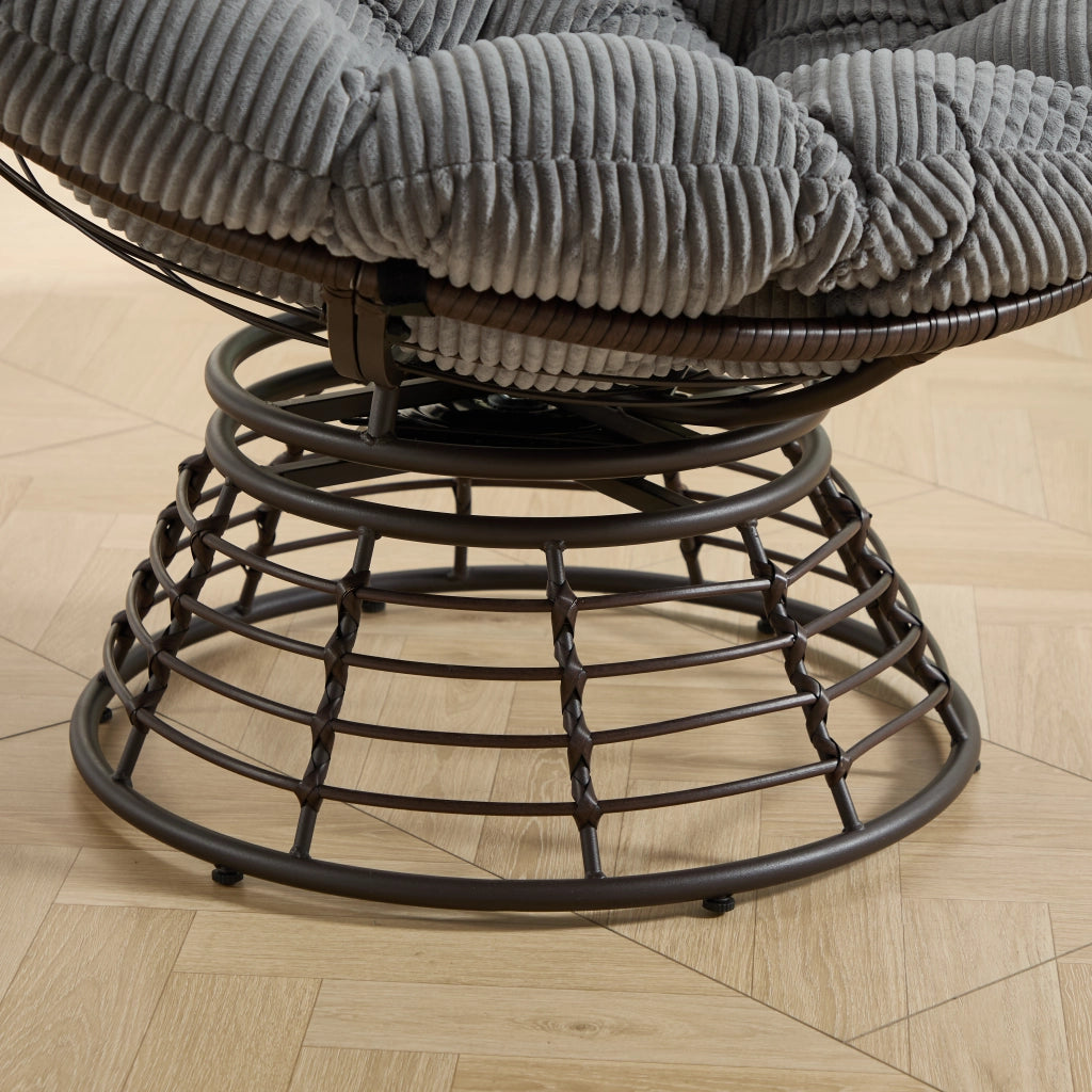 Sedia Papasan girevole a trecentosessanta gradi in vimini resistente cuscino in velluto a coste grigio telaio marron confortevole per casa e giardino