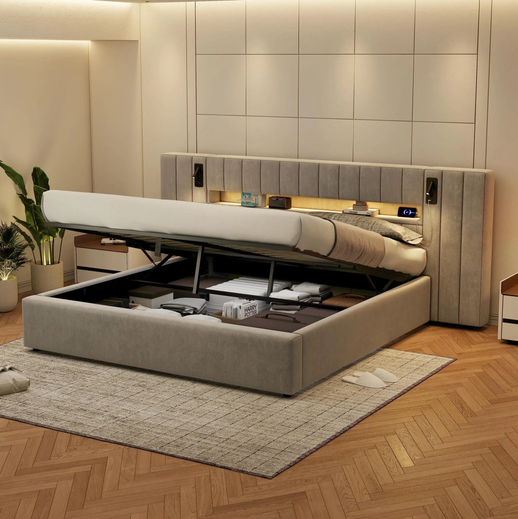 Letto imbottito 180x200 cm con USB; LED; contenitore; velluto grigio